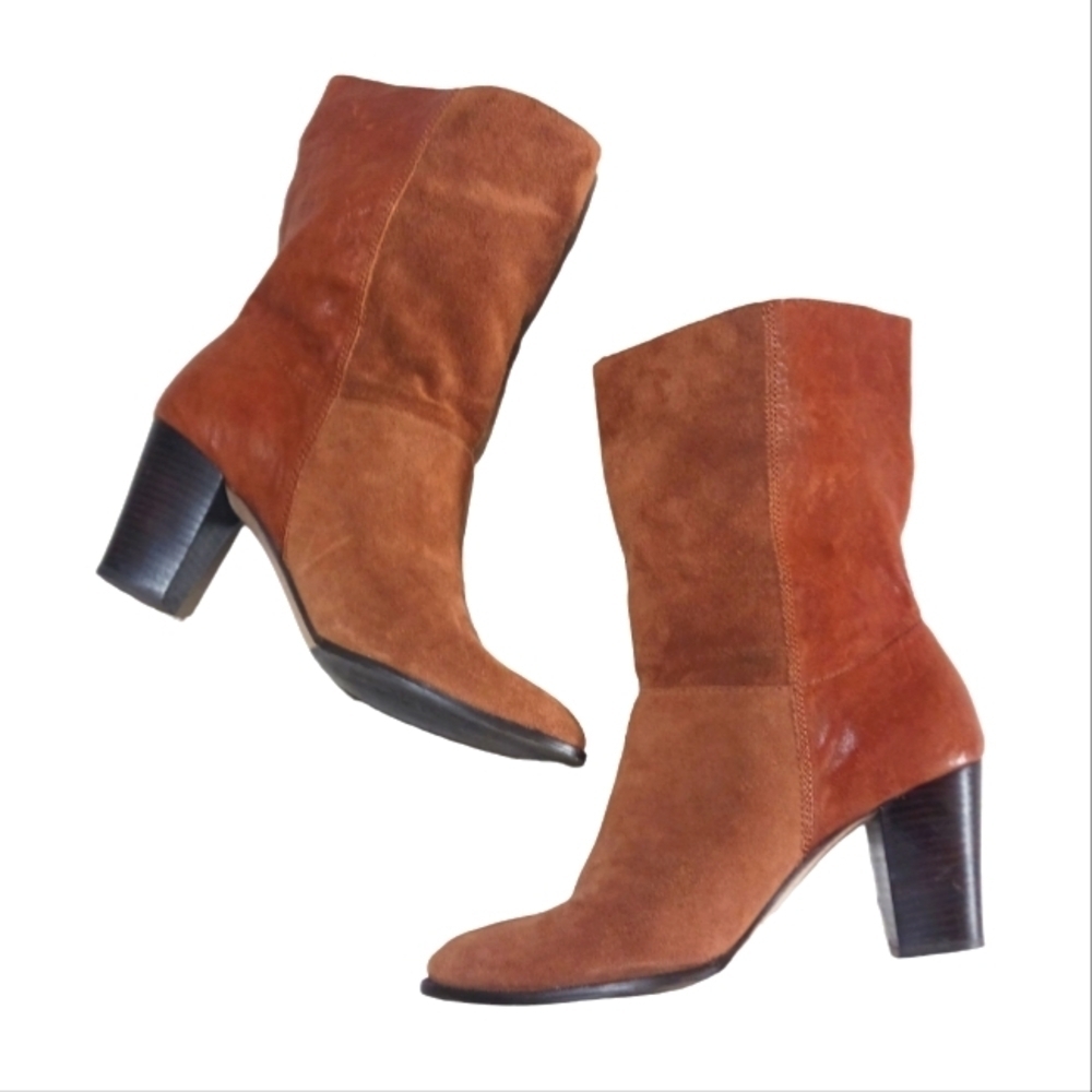 BLACK BRAND SAKS FIFTH AVENUE SELINA LEATHER AND SUEDE BOOTS CARAMEL SIZE 10